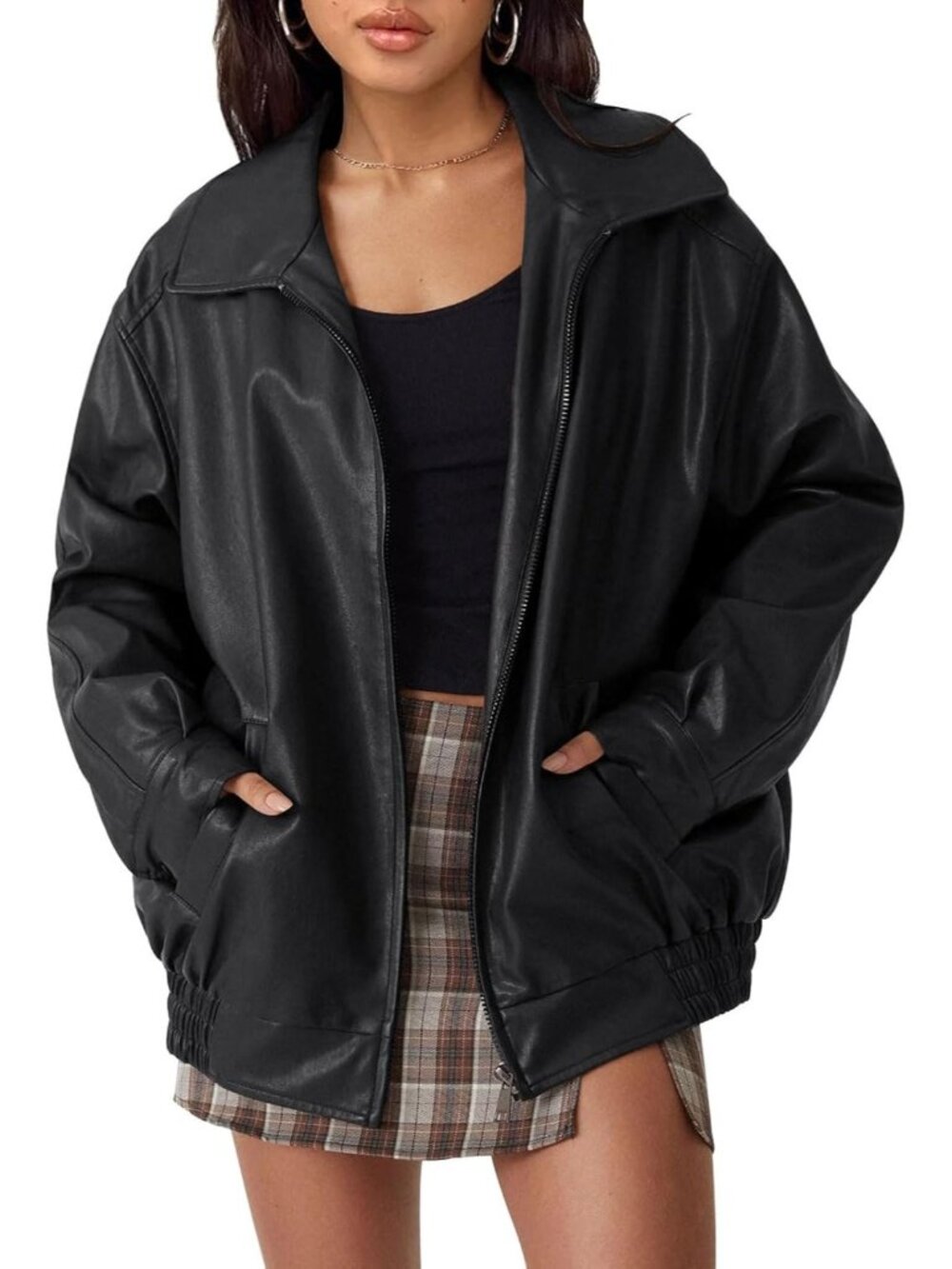 Women's Black Oversized Faux Leather Winter Medium Weight Fall Bomber Jackets